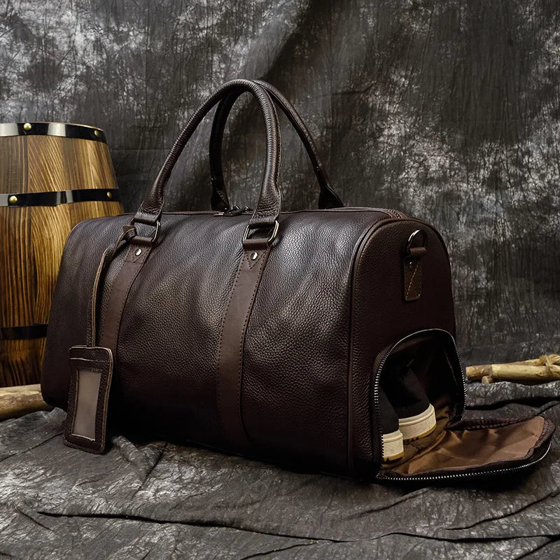 Men's Premium Leather Weekender Travel Bag - Overnight Duffle for Work, Gym & Getaways