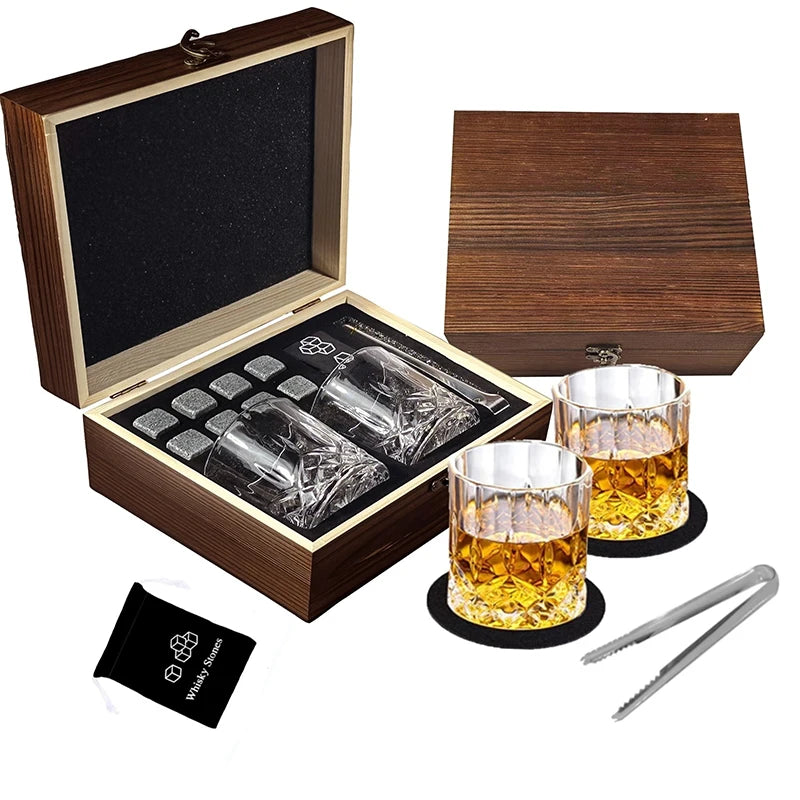 Whiskey Stones Gift Set - Granite Chilling Rocks with Glasses  & Wooden Box