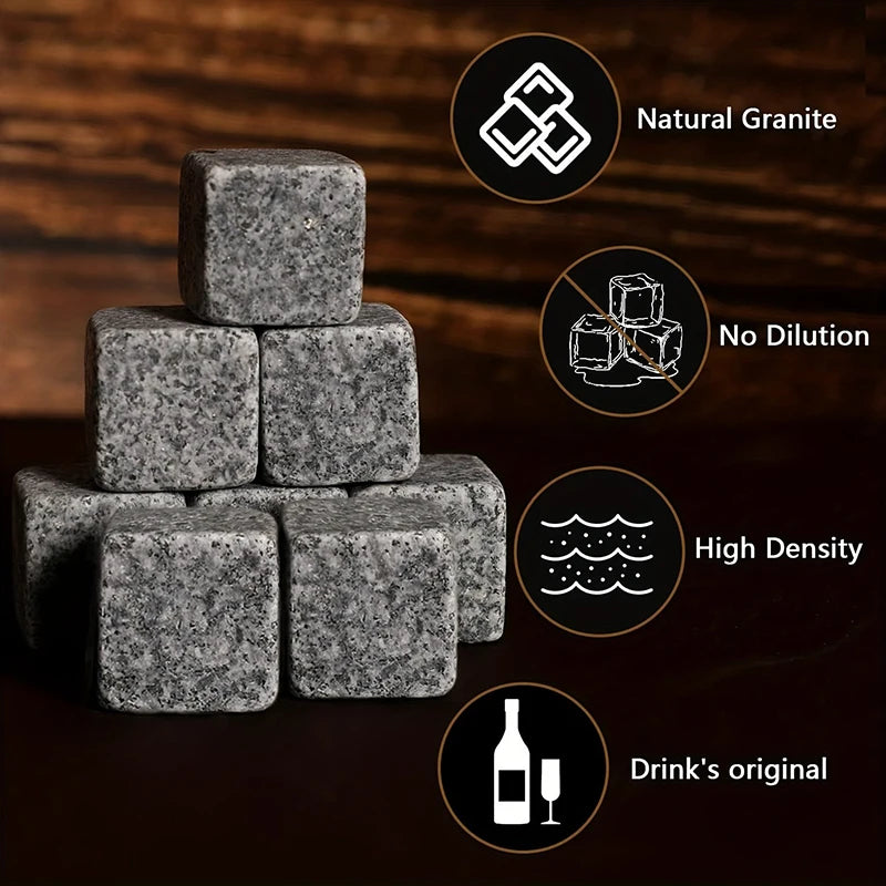 Whiskey Stones Gift Set - Granite Chilling Rocks with Glasses  & Wooden Box