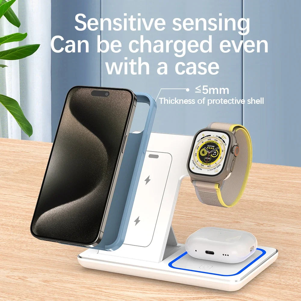 3-in-1 Fast Wireless Charging Station - LED Foldable Stand for Phone, Watch & Earbuds