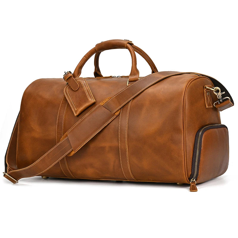 Men's Premium Leather Weekender Travel Bag - Overnight Duffle for Work, Gym & Getaways