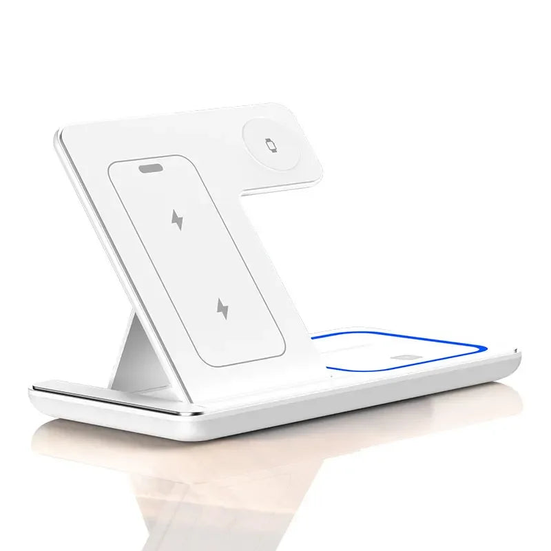 3-in-1 Fast Wireless Charging Station - LED Foldable Stand for Phone, Watch & Earbuds