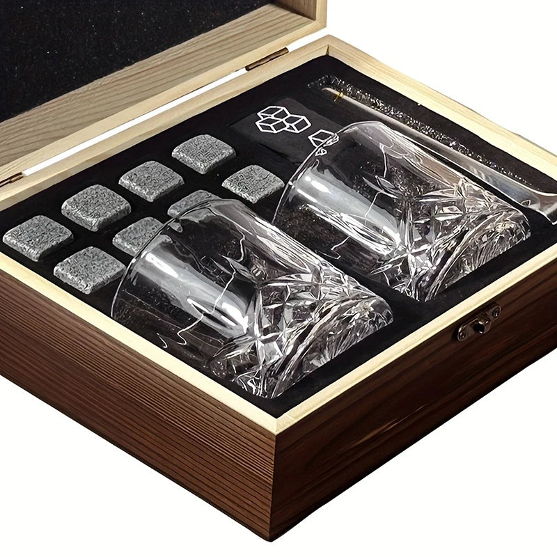 Whiskey Stones Gift Set - Granite Chilling Rocks with Glasses  & Wooden Box