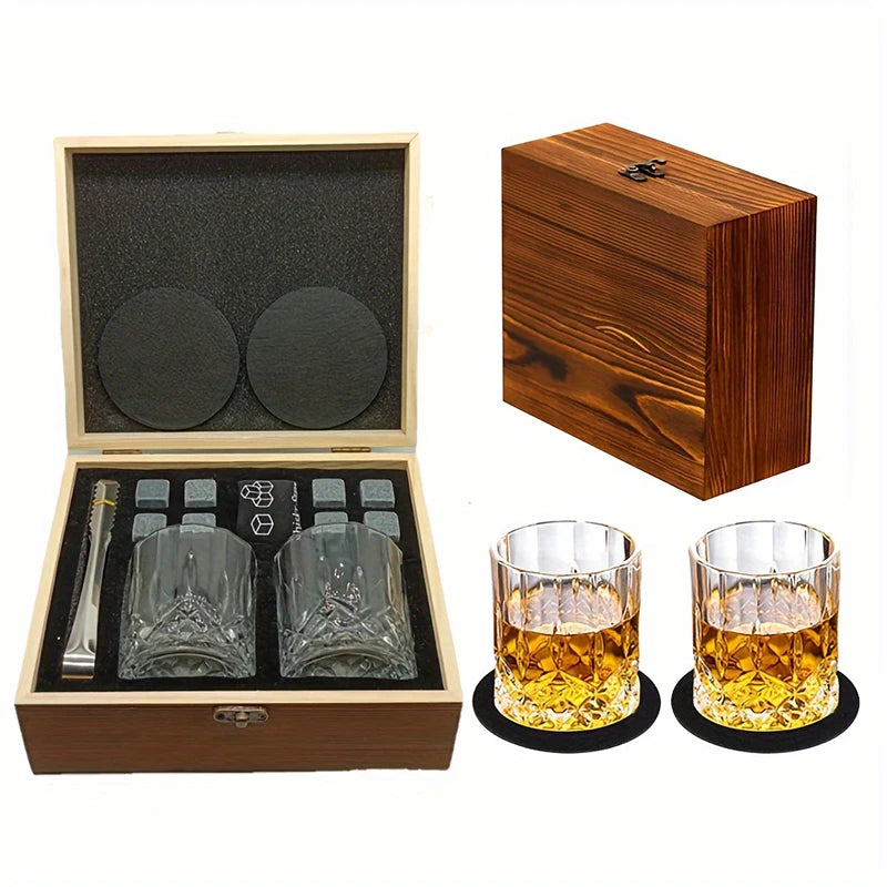 Whiskey Stones Gift Set - Granite Chilling Rocks with Glasses  & Wooden Box