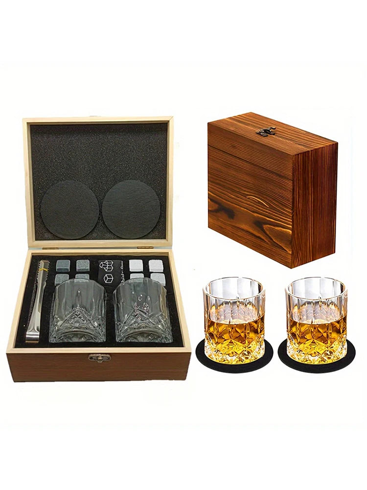 Whiskey Stones Gift Set - Granite Chilling Rocks with Glasses  & Wooden Box