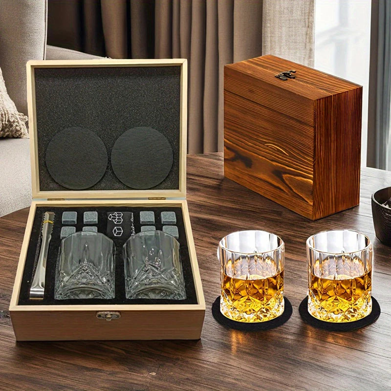 Whiskey Stones Gift Set - Granite Chilling Rocks with Glasses  & Wooden Box