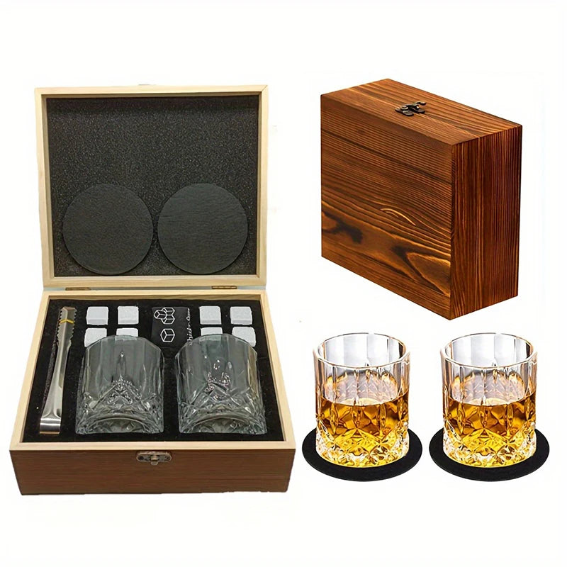 Whiskey Stones Gift Set - Granite Chilling Rocks with Glasses  & Wooden Box