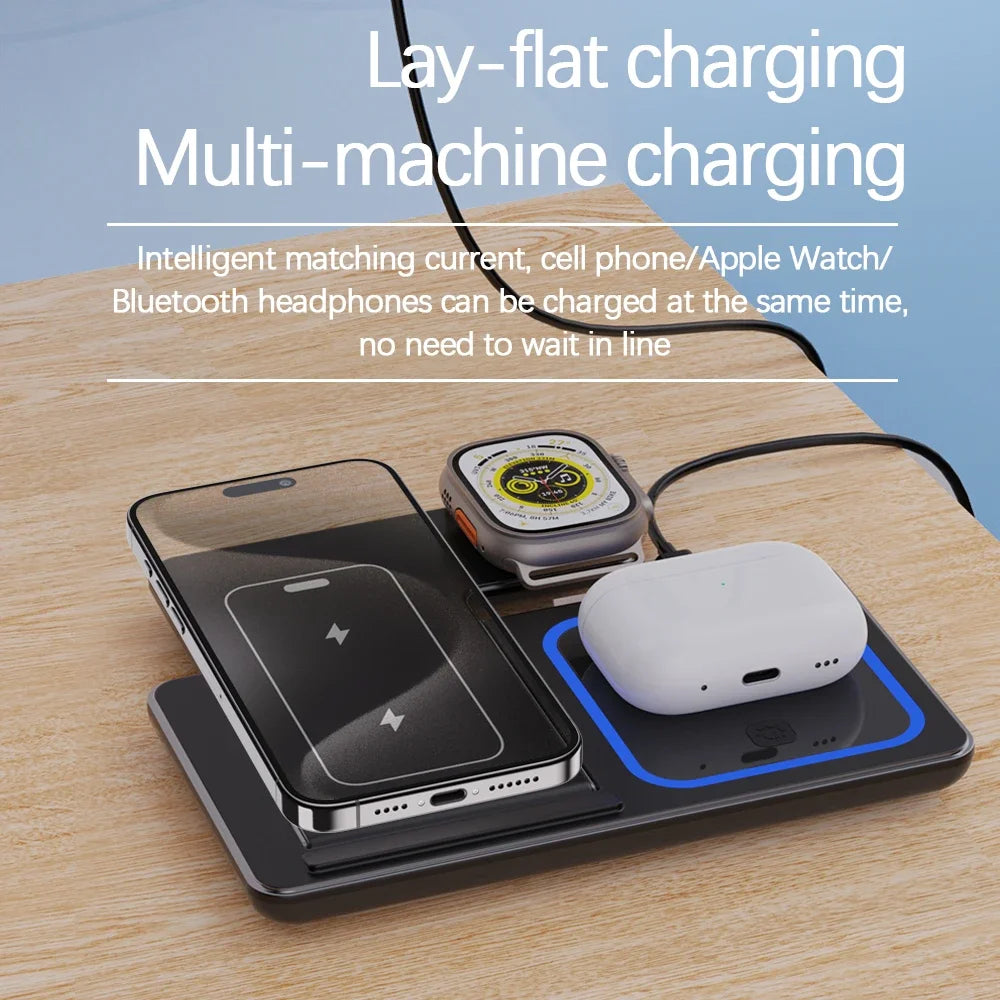 3-in-1 Fast Wireless Charging Station - LED Foldable Stand for Phone, Watch & Earbuds