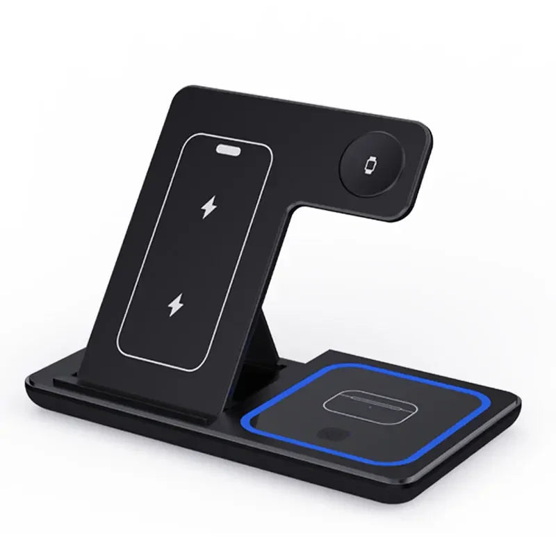3-in-1 Fast Wireless Charging Station - LED Foldable Stand for Phone, Watch & Earbuds
