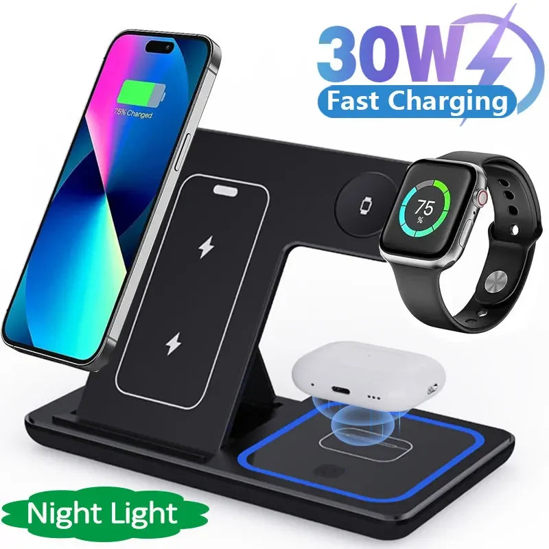 3-in-1 Fast Wireless Charging Station - LED Foldable Stand for Phone, Watch & Earbuds