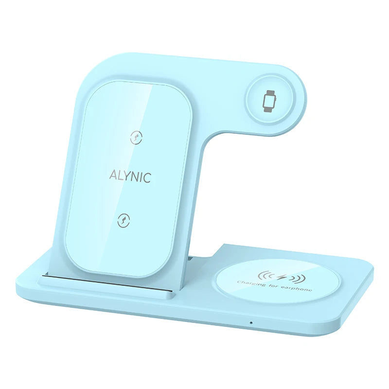 3-in-1 Fast Wireless Charging Station - LED Foldable Stand for Phone, Watch & Earbuds