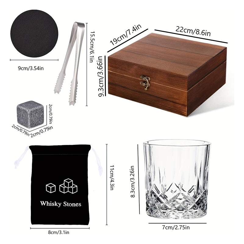 Whiskey Stones Gift Set - Granite Chilling Rocks with Glasses  & Wooden Box