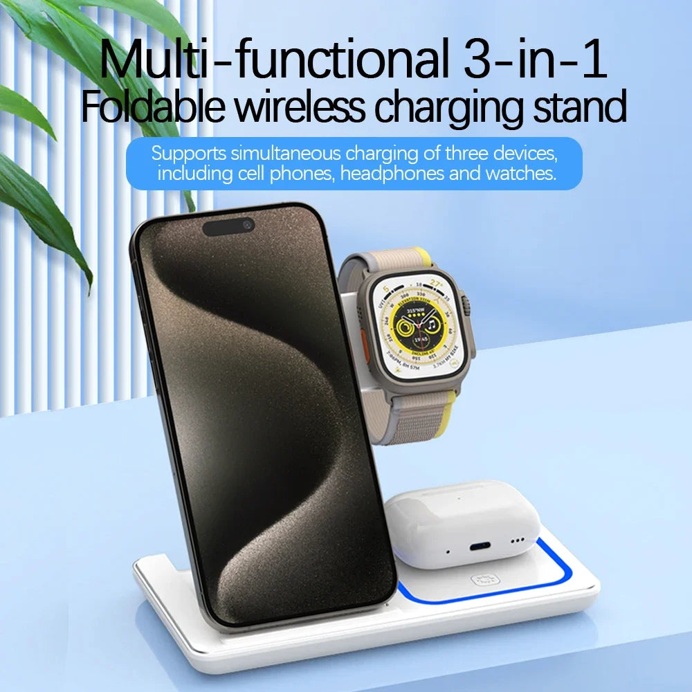 3-in-1 Fast Wireless Charging Station - LED Foldable Stand for Phone, Watch & Earbuds