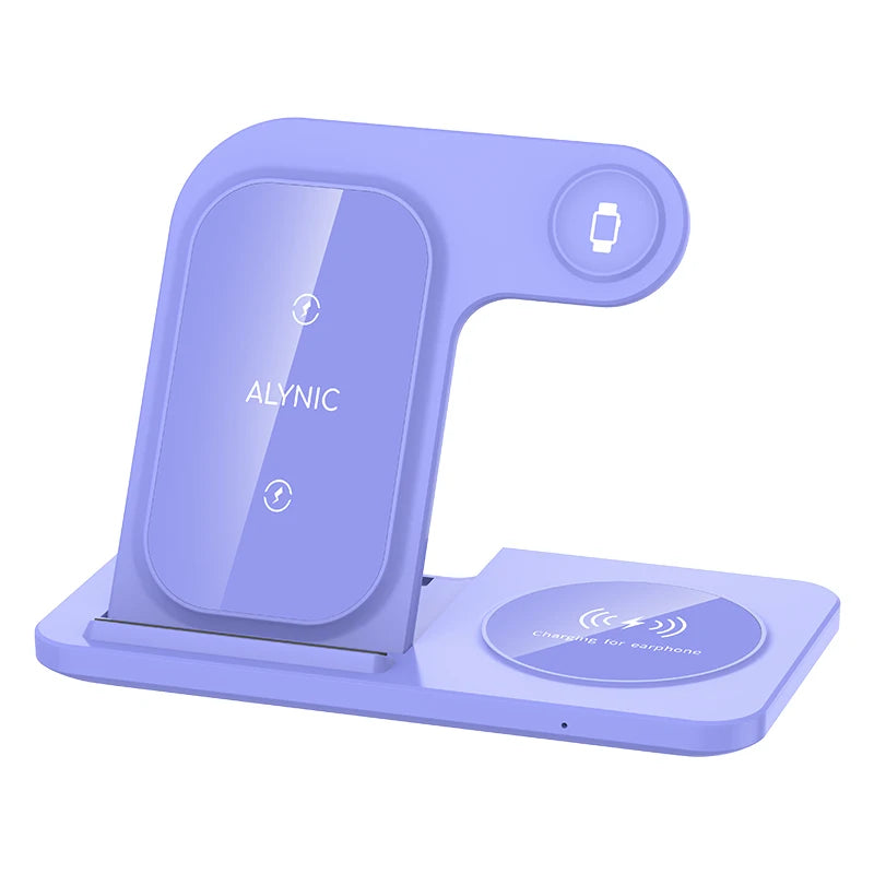 3-in-1 Fast Wireless Charging Station - LED Foldable Stand for Phone, Watch & Earbuds