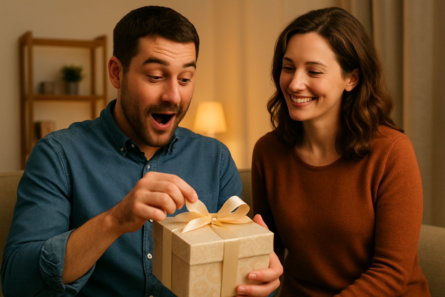 man opening a gift from a woman