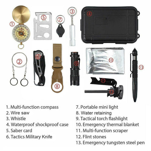 13 in 1 Outdoor Emergency Survival Kit- Tactical Gear for Camping & Hiking